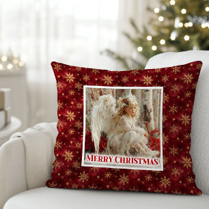 Merry Angelic Poinsettia Christmas Gift Pillow
