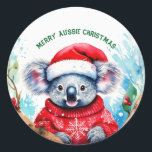 Merry Aussie Christmas Koala  Classic Round Sticker<br><div class="desc">A very Merry Aussie Christmas with this cute koala 

This furry koala is a native of Australia they are easily recognizable by their stout,  tailless body and large head with round,  fluffy ears and large,  spoon-shaped nose.</div>