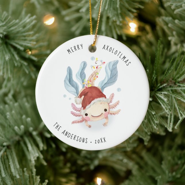 Merry Axolotlmas | Cute Watercolor Christmas Ceramic Ornament (Tree)