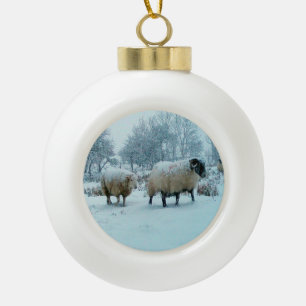 Merry "Baaaa"mas Sheep in the Snow Ceramic Ball Christmas Ornament