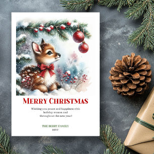 Merry baby deer winter scene snowy forest greeting holiday card