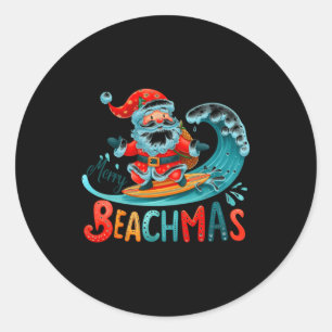 Merry Beachmas Santa Surfing Retro Design  Classic Round Sticker