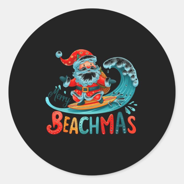Merry Beachmas Santa Surfing Retro Design  Classic Round Sticker (Front)