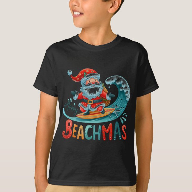 Merry Beachmas Santa Surfing Retro Design T Shirt  (Front)