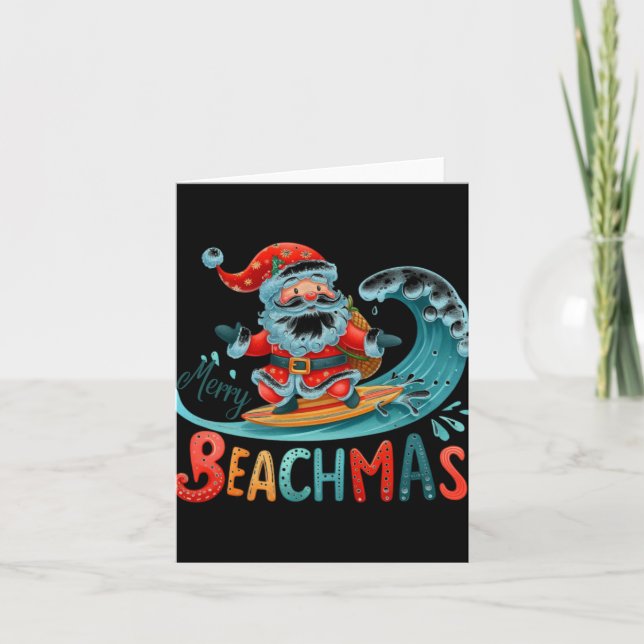 Merry Beachmas Santa Surfing Retro Design T Shirt  Card (Front)
