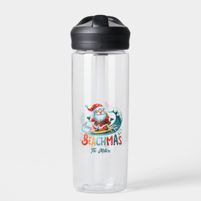 Merry Beachmas Santa Surfing Retro Design Water Bottle (Front)