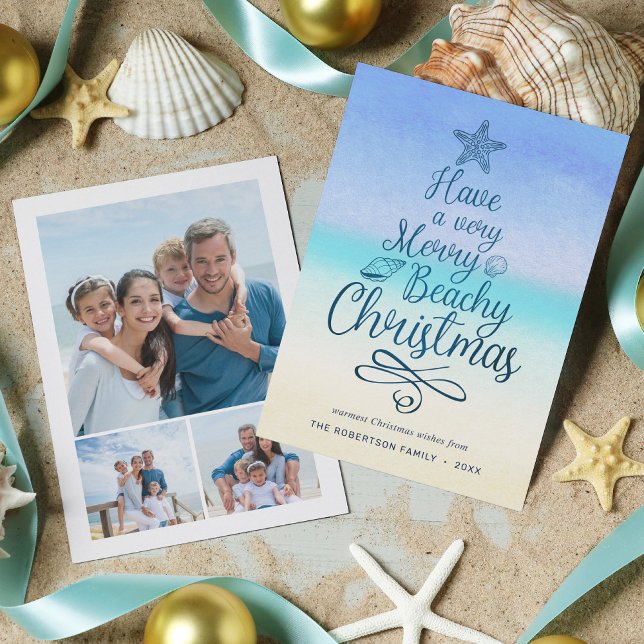 Merry Beachy Christmas Tropical 3 Photo Holiday Card (Creator Uploaded)