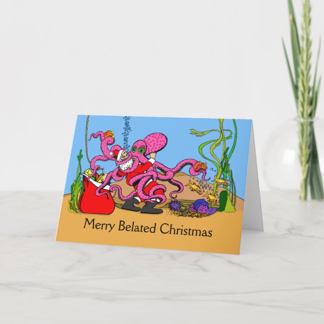 Merry Belated Christmas Santa Wrestling an Octopus Card (Front)