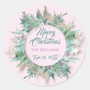 Merry Belly Christmas Holidays Wreath Pink Teal Classic Round Sticker