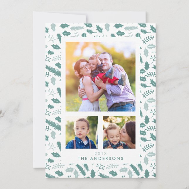 Merry Berry 3 Photo Christmas Green Flat Card (Front)