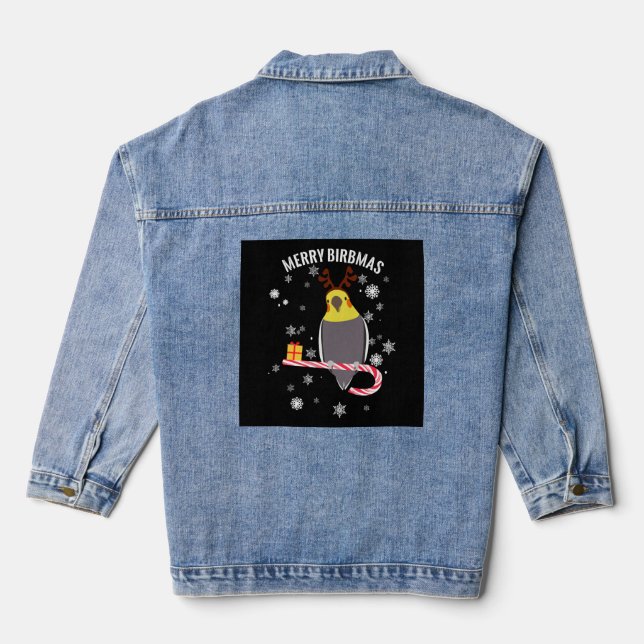 Merry Birbmas Funny Cockatiel Bird Holiday for Chr Denim Jacket (Back)