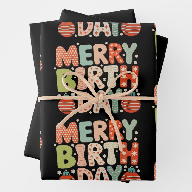 Merry Birthday Birth Day Cute Xmas Matching Family Wrapping Paper Sheet (In situ)