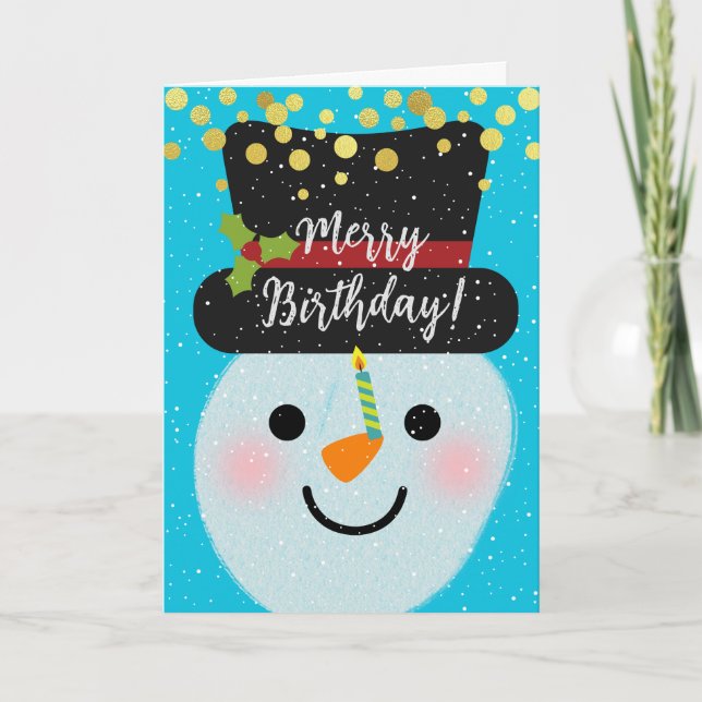 Merry Birthday Cute Snowman in Winter Card (Front)