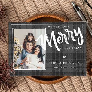Merry Black Plaid Tartan Photo Merry Christmas Holiday Postcard