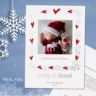 Merry Blessed Red Hearts Holiday Baby Announcement
