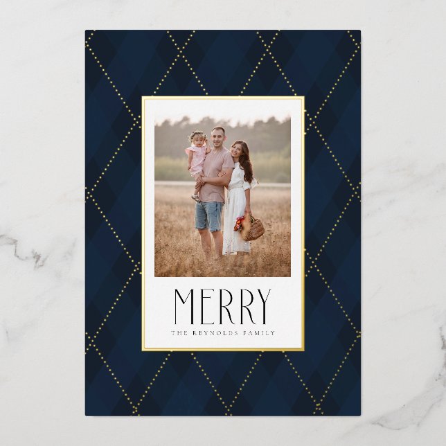 Merry Blue Argyle Pattern Holiday Photo Card (Front)