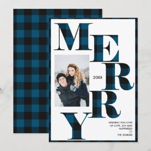 Merry Blue Buffalo Plaid Vertical Photo Holiday Invitation