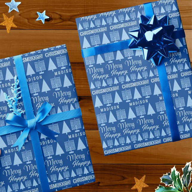 Merry Blue Interfaith Childs Name Chrismukkah Wrapping Paper (Dark blue CHRISMUKKAH wrapping paper is easy to customize - just add a child's name into the design)