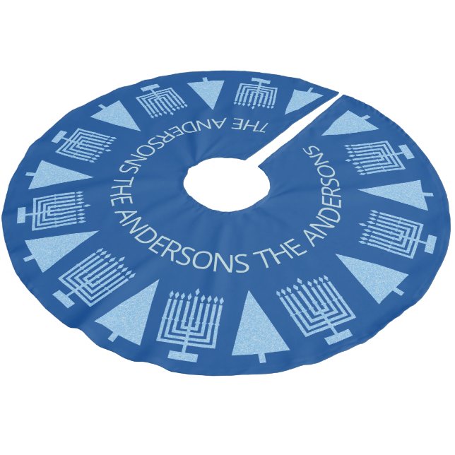 Merry Blue Interfaith Chrismukkah Cute Family Name Brushed Polyester Tree Skirt (Angled)