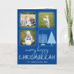 Merry Blue Interfaith Cute Handwriting 3 Photo Holiday Card<br><div class="desc">Custom Merry Happy Chrismukkah holiday greeting cards featuring your photos are a cute way to spread holiday cheer during the holidays. Created with interfaith families in mind, this unique design includes fun casual handwritten style fonts in pale blue on a rich royal blue background, three of your favourite photos and...</div>