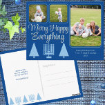 Merry Blue Interfaith Family Kids 3 Photo Holiday Postcard<br><div class="desc">A 3 photo collage holiday postcard template for you to personalize for elegant pastel blue and dark blue interfaith Merry Happy Everything holiday greetings makes it a breeze to create your own Chrismukkah postcards. The front of these chic light blue and dark blue photo postcards feature modern Christmas trees and...</div>