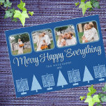 Merry Blue Interfaith Menorah Tree Cute 4 Photo Holiday Card<br><div class="desc">Personalize these 4 photo collage holiday cards in a simple pastel blue and dark blue Merry Happy Everything interfaith design. An elegant stylized script font in pale blue with a slight drop shadow in dark navy adds interest and the row of five light blue Menorahs and four matching Christmas trees...</div>