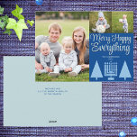Merry Blue Interfaith Tree Menorah Cute 3 Photo Holiday Card<br><div class="desc">Photo templates make designing your own 3 photo collage holiday cards a snap with this modern elegant script Merry Happy Everything design in pastel blue and dark blue. Add your favourite large photo on the left of these custom cards then add two smaller pictures on the upper right above MERRY...</div>
