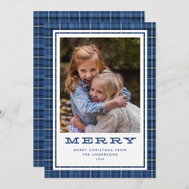 Merry Blue Plaid Single Photo Holiday Card (Front/Back)