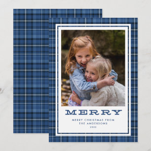 Merry Blue Plaid Single Photo Holiday Card