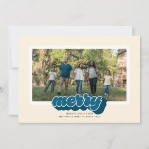 Merry Blue Retro Script Christmas Photo Holiday Card
