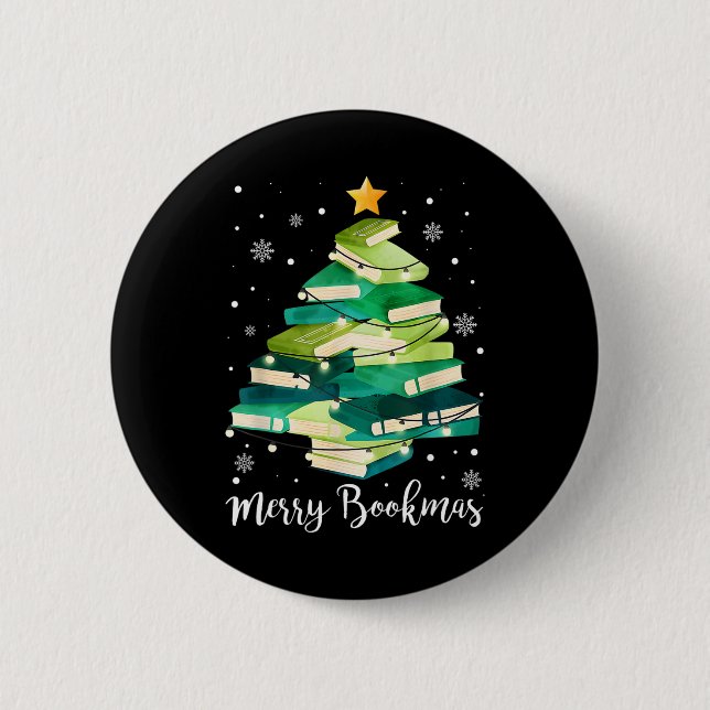 Merry Bookmas Books Pine Tree Fun Reading Lover Ch 2 Inch Round Button (Front)