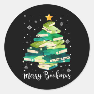 Merry Bookmas Books Pine Tree Fun Reading Lover Ch Classic Round Sticker