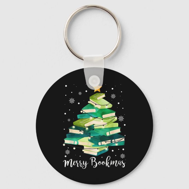 Merry Bookmas Books Pine Tree Fun Reading Lover Ch Keychain (Front)