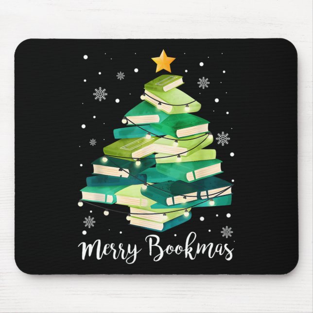 Merry Bookmas Books Pine Tree Fun Reading Lover Ch Mouse Pad (Front)
