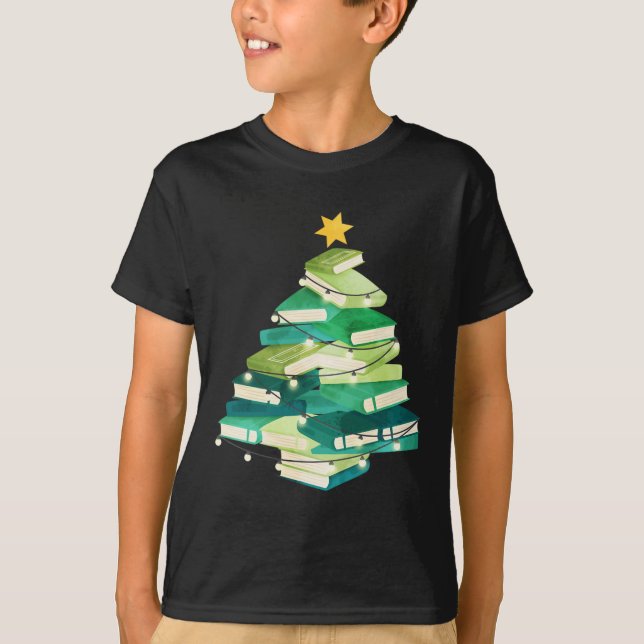 Merry Bookmas Books Pine Tree Fun Reading Lover Ch T-Shirt (Front)