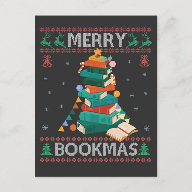 Merry Bookmas Funny Ugly Xmas Sweater Library Gift Invitation Postcard (Front)