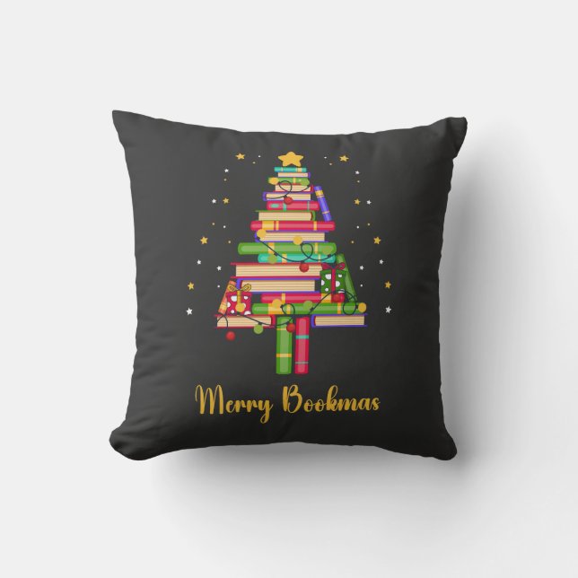 Merry Bookmas Throw Pillow (Front)