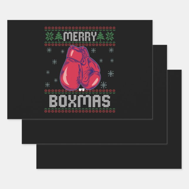 Merry Boxmas Ugly Christmas Sweater Boxing Lovers Wrapping Paper Sheet (Set)