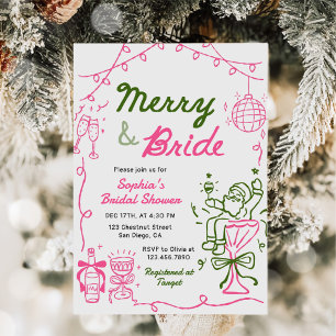 Merry & Bride Hand Drawn Christmas Bridal Shower Invitation