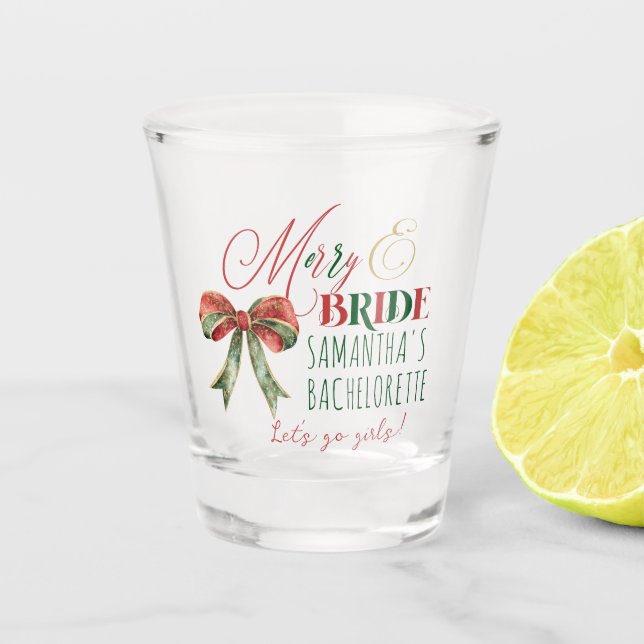 Merry & Bride Winter Christmas Bride Bachelorette Shot Glass (Front)