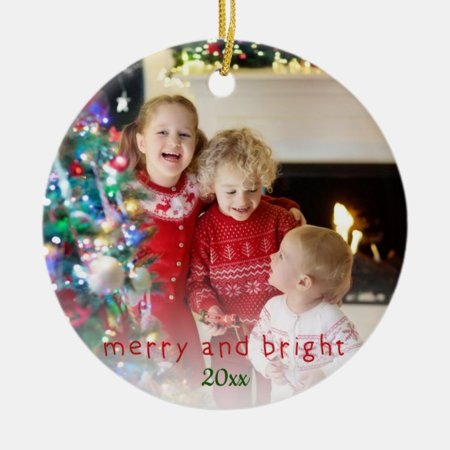 Merry Bright 2 Family Photo Red Child Typography Ceramic Ornament (Front)