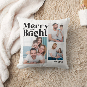 Merry & Bright 3 Family Photo Collage Christmas Throw Pillow