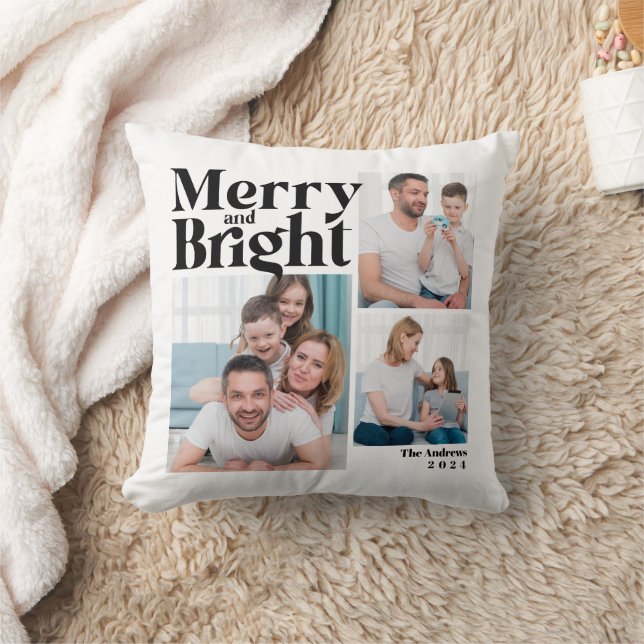 Merry & Bright 3 Family Photo Collage Christmas Throw Pillow (Blanket)