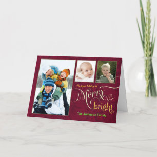 Merry & Bright 3-Photo Holiday Cards Cranberry Red