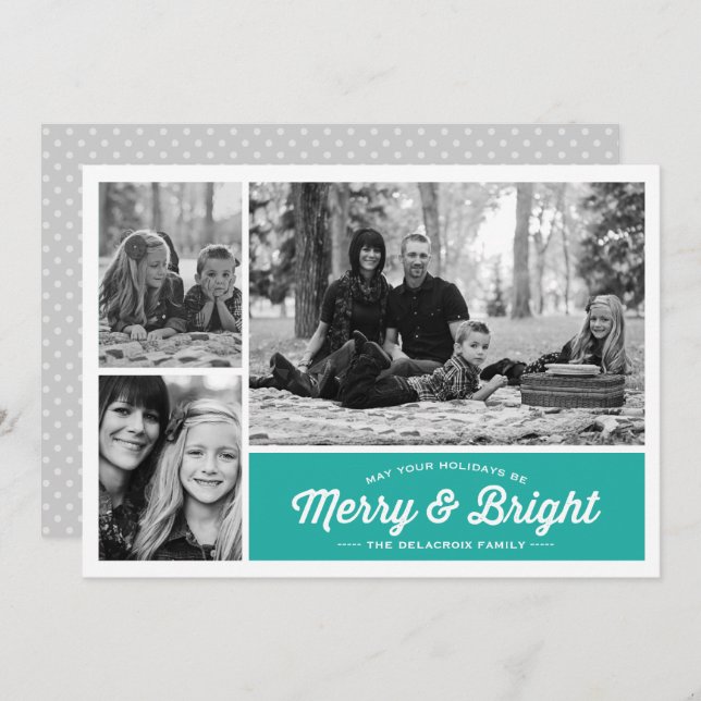 Merry & Bright 3 Photo Teal Holiday Greeting (Front/Back)