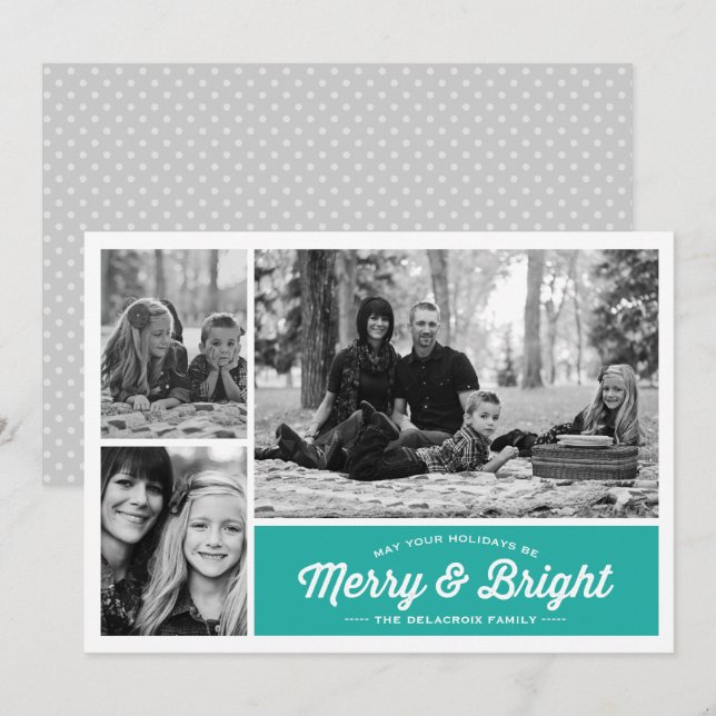 Merry & Bright 3 Photo Teal Holiday Greeting Card (Front/Back)