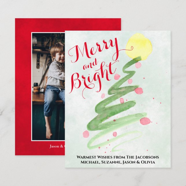 Merry & Bright Abstract Christmas Tree Photo Back Holiday Card (Front/Back)