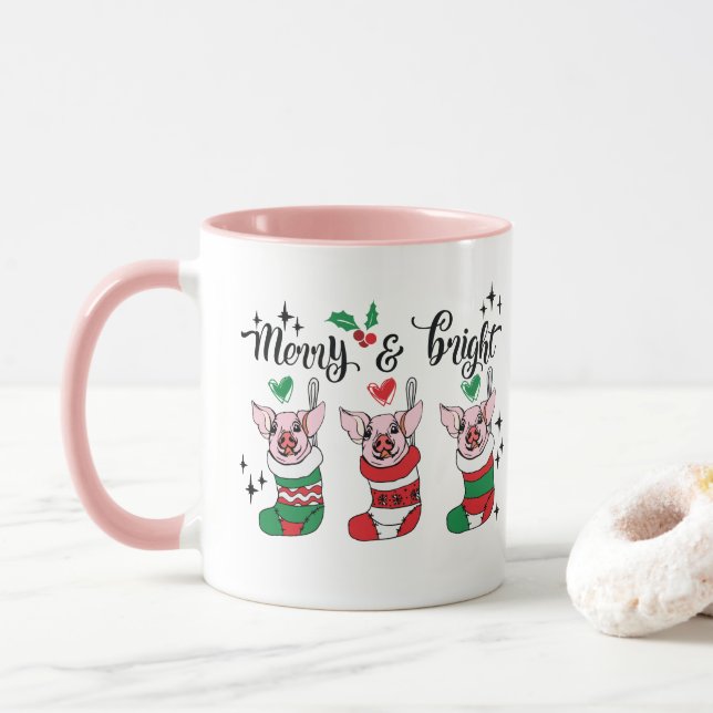 Merry Bright add monogram pig Christmas Mug (With Donut)