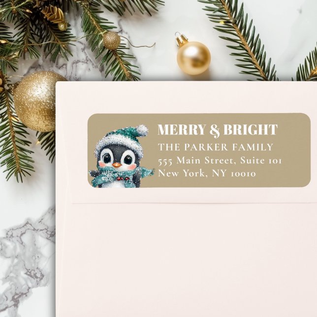 MERRY & BRIGHT! Adorable, Penguin With Santa Hat (MERRY & BRIGHT! Adorable, Penguin With Santa Hat, Address Return Label.)