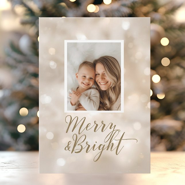 Merry & Bright Beige Gold Christmas Photo Holiday Card (Creator Uploaded)